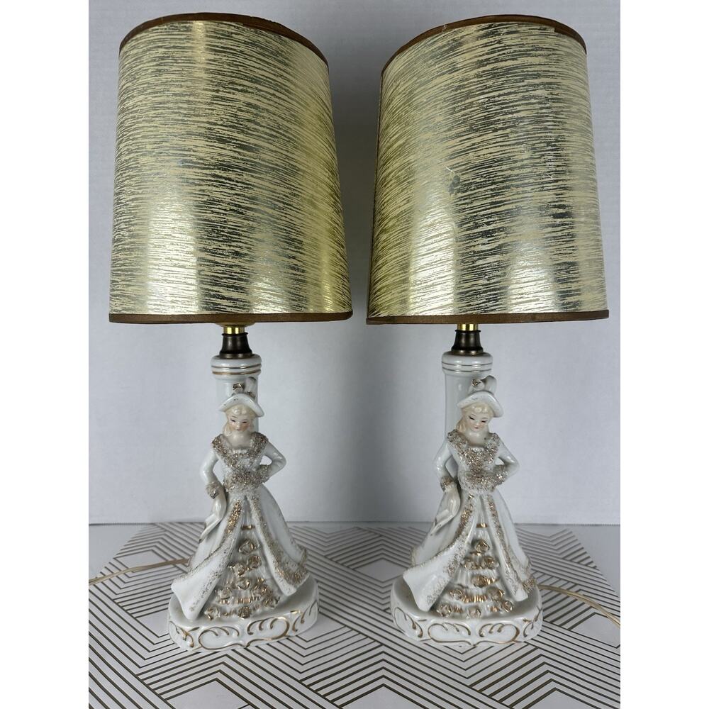 Porcelain Boudoir Table Lamp White And Gold Woman Figurine Vintage Set Of 2 15”